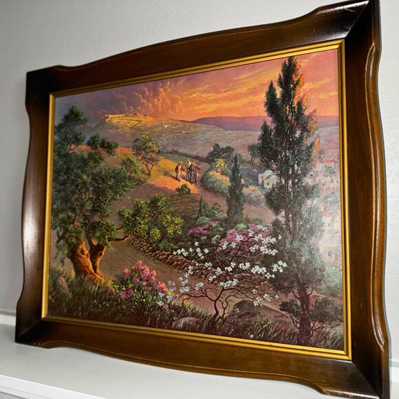 Vintage Framed Landscape Print — Sunset Hillside Scene with Travelers - Picture 5 of 6